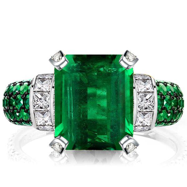 Two-Tone Emerald Cut Simulated Emerald & Sapphire Engagement Ring - Sterling Silver