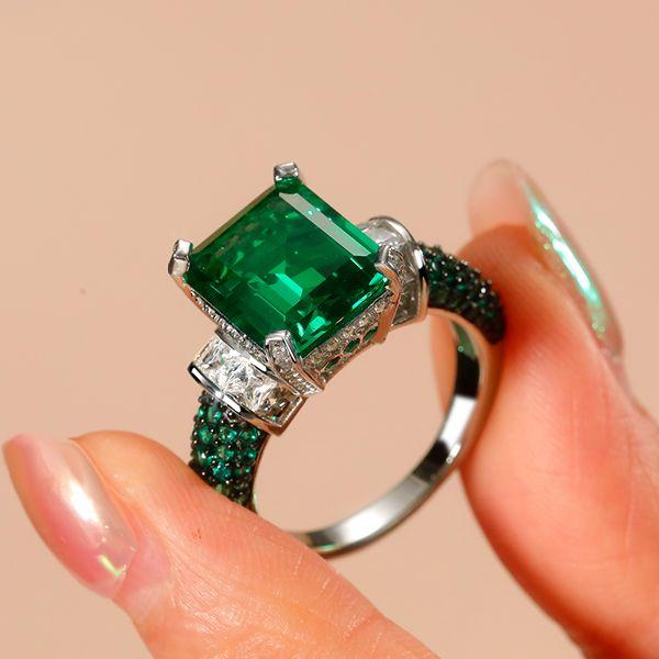 Two-Tone Emerald Cut Simulated Emerald & Sapphire Engagement Ring - Sterling Silver
