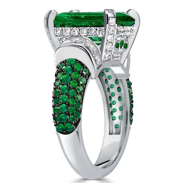 Two-Tone Emerald Cut Simulated Emerald & Sapphire Engagement Ring - Sterling Silver