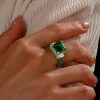 Two-Tone Emerald Cut Simulated Emerald & Sapphire Engagement Ring - Sterling Silver