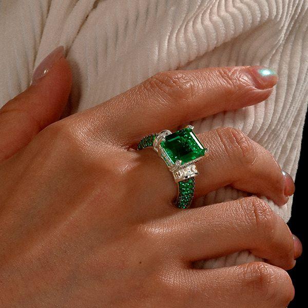 Two-Tone Emerald Cut Simulated Emerald & Sapphire Engagement Ring - Sterling Silver