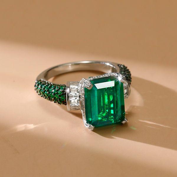 Two-Tone Emerald Cut Simulated Emerald & Sapphire Engagement Ring - Sterling Silver