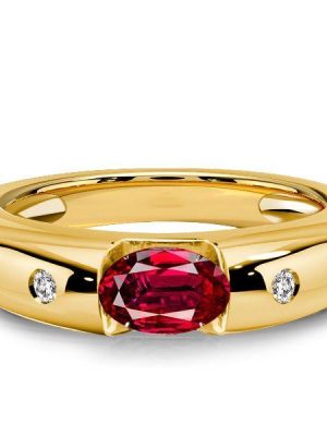 18K Gold Plated Sterling Silver Oval Ruby Three Stone Ring
