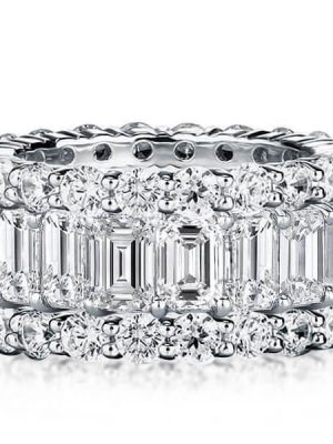 Round and Baguette Simulated Diamond Wedding Band in Sterling Silver