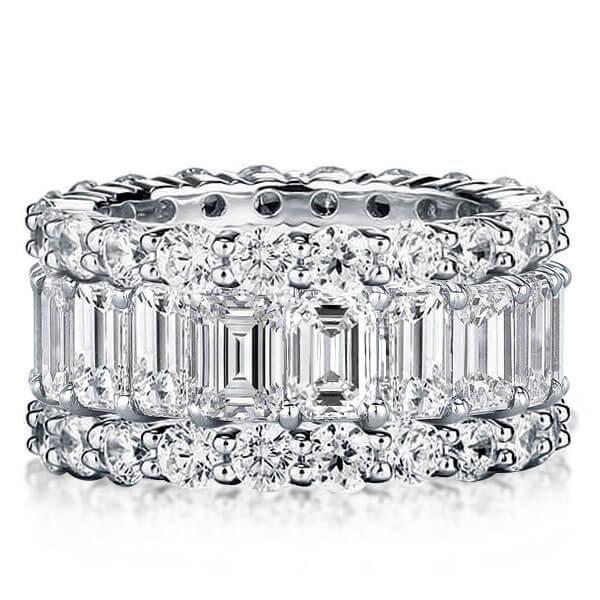 Round and Baguette Simulated Diamond Wedding Band in Sterling Silver