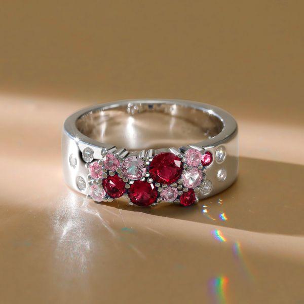 Sterling Silver Pink Stone Ruby Band Wedding Ring - Flush Setting