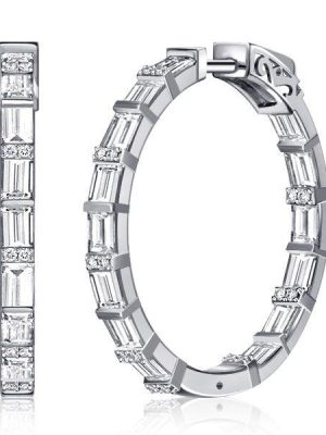Sterling Silver White Baguette Hoop Earrings for Women