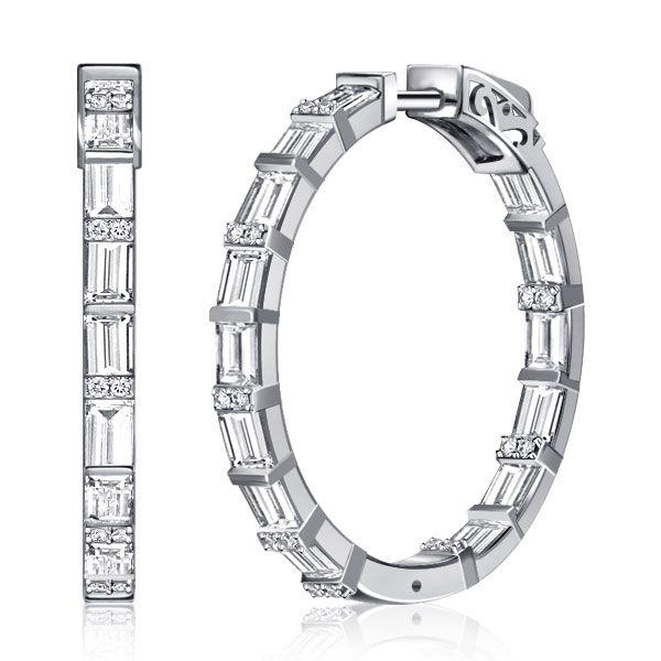 Sterling Silver White Baguette Hoop Earrings for Women