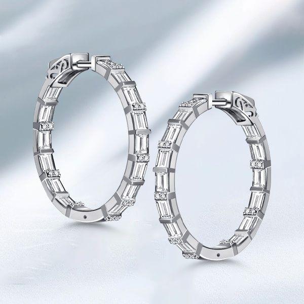 Sterling Silver White Baguette Hoop Earrings for Women