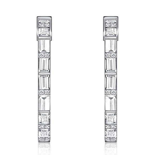 Sterling Silver White Baguette Hoop Earrings for Women