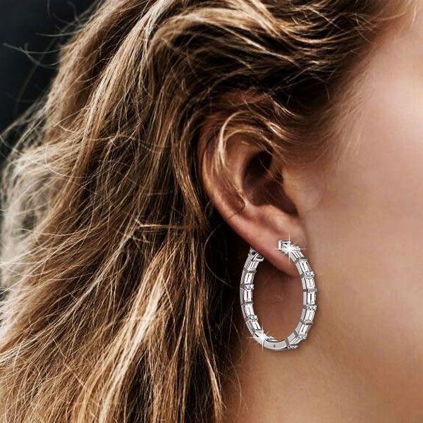 Sterling Silver White Baguette Hoop Earrings for Women
