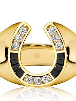 18K Gold Plated Horseshoe Ring with Black Sapphire for Women, Sterling Silver