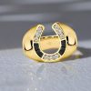 18K Gold Plated Horseshoe Ring with Black Sapphire for Women, Sterling Silver