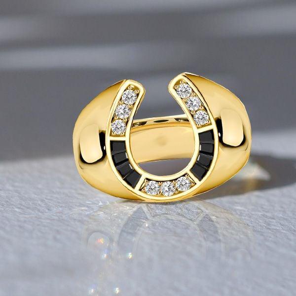 18K Gold Plated Horseshoe Ring with Black Sapphire for Women, Sterling Silver