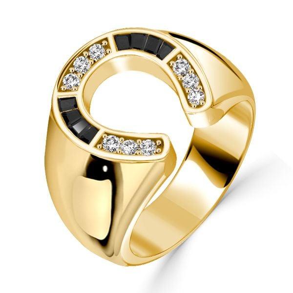 18K Gold Plated Horseshoe Ring with Black Sapphire for Women, Sterling Silver