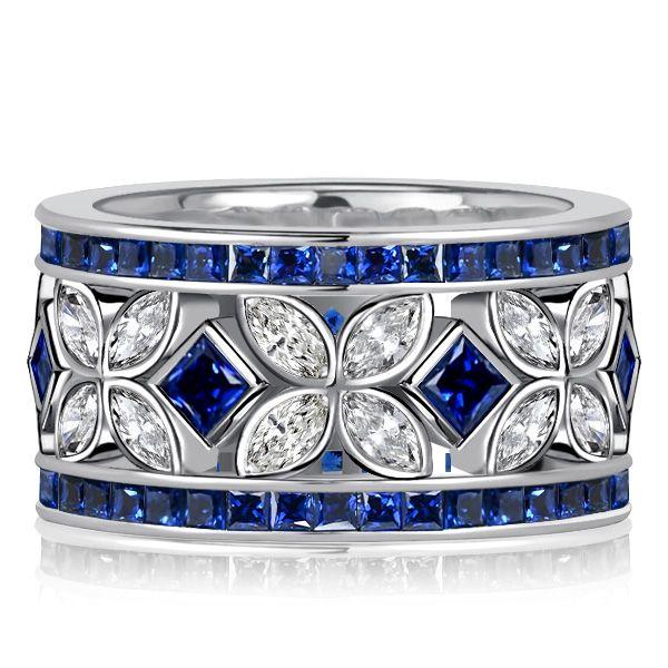 Blue Sapphire Eternity Band - Marquise & Princess Cut - Sterling Silver