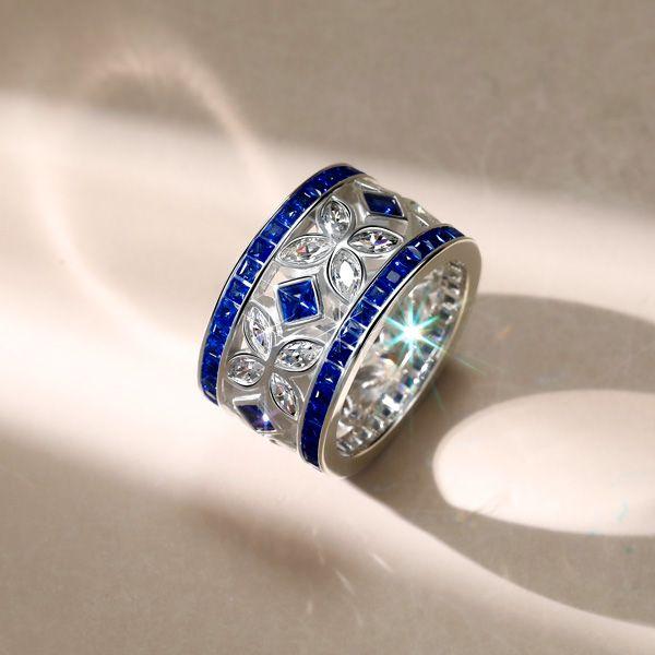 Blue Sapphire Eternity Band - Marquise & Princess Cut - Sterling Silver