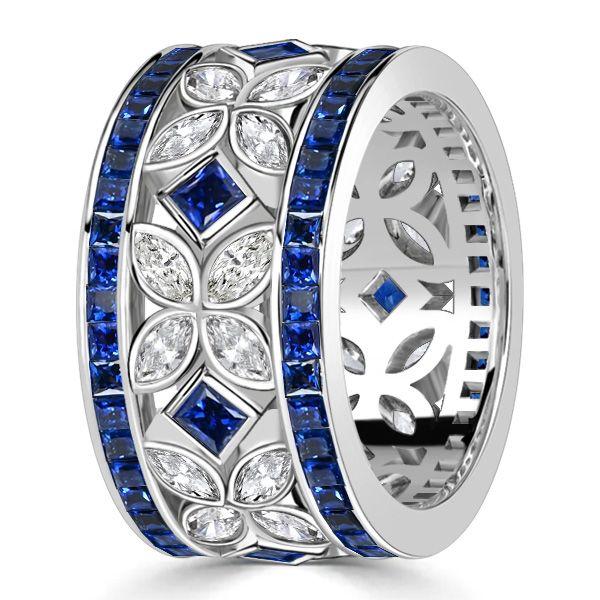 Blue Sapphire Eternity Band - Marquise & Princess Cut - Sterling Silver