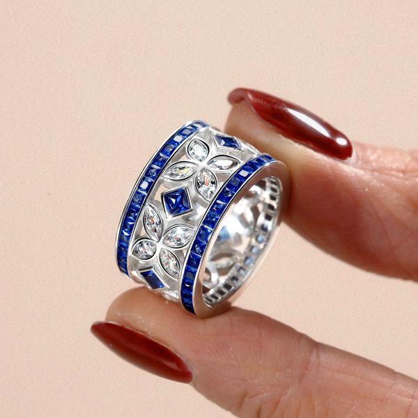 Blue Sapphire Eternity Band - Marquise & Princess Cut - Sterling Silver