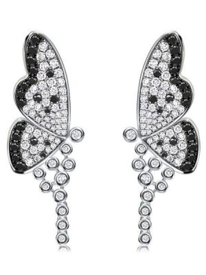 Sterling Silver Dancing Butterfly Dangle Earrings - Black & White Bridal Chandelier