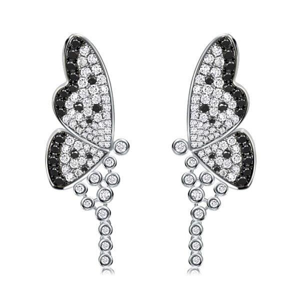 Sterling Silver Dancing Butterfly Dangle Earrings - Black & White Bridal Chandelier