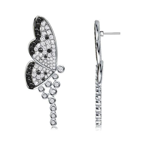 Sterling Silver Dancing Butterfly Dangle Earrings - Black & White Bridal Chandelier