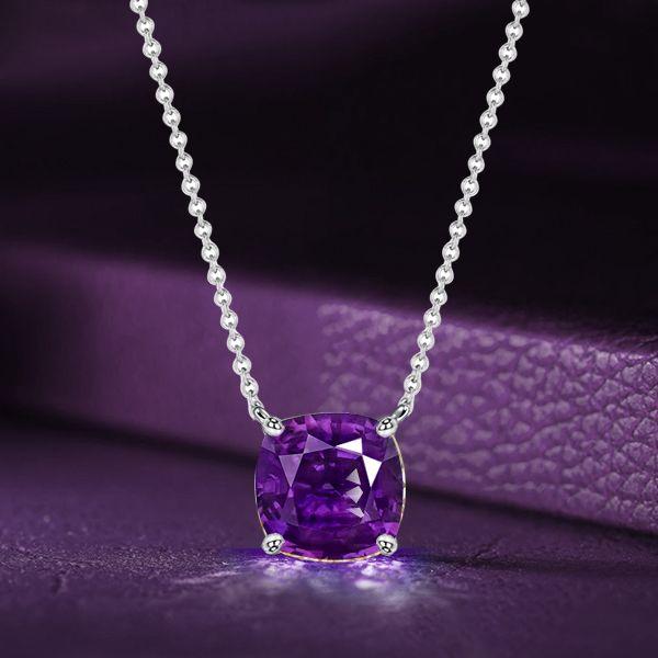 Amethyst Necklace, Cushion Cut Solitaire Pendant, Sterling Silver - [Choose Your Length]