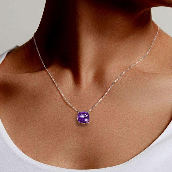 Amethyst Necklace, Cushion Cut Solitaire Pendant, Sterling Silver - [Choose Your Length]