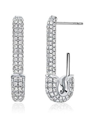 Pave Setting Safety Pin Dangle Earrings in Sterling Silver with Rhodium Plating