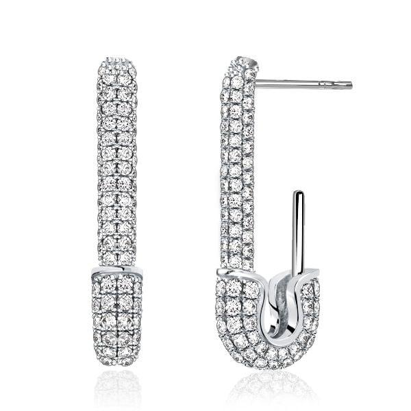 Pave Setting Safety Pin Dangle Earrings in Sterling Silver with Rhodium Plating