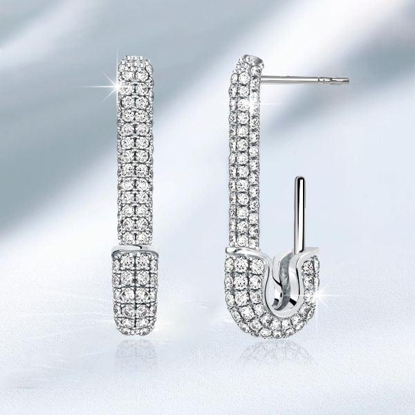 Pave Setting Safety Pin Dangle Earrings in Sterling Silver with Rhodium Plating