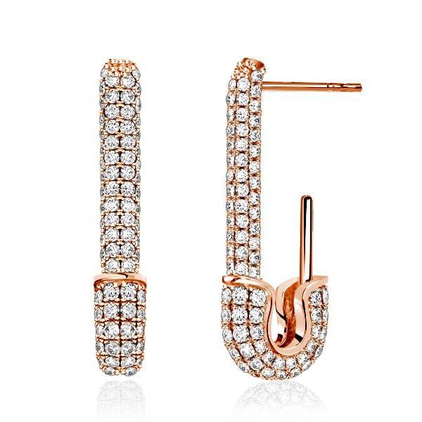 Pave Setting Safety Pin Dangle Earrings in Sterling Silver with Rhodium Plating