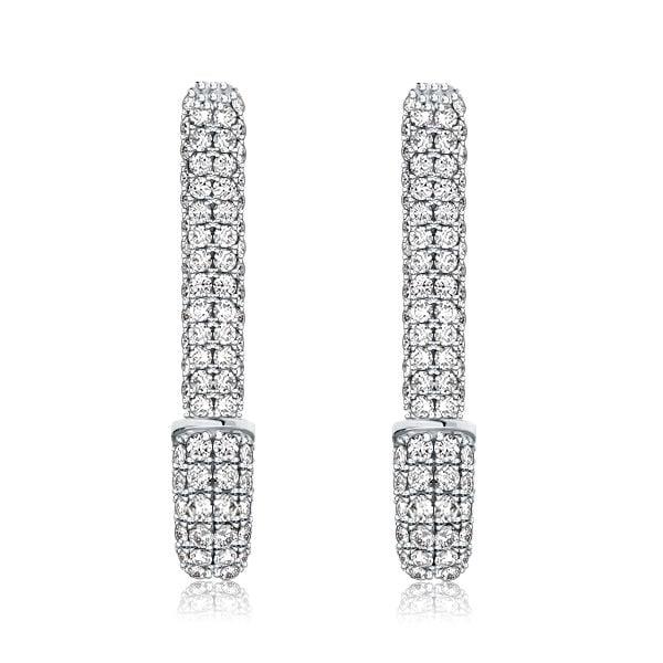 Pave Setting Safety Pin Dangle Earrings in Sterling Silver with Rhodium Plating