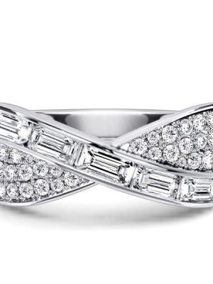 Channel Set Baguette and Round Cut Criss-Cross Diamond Wedding Band in Sterling Silver