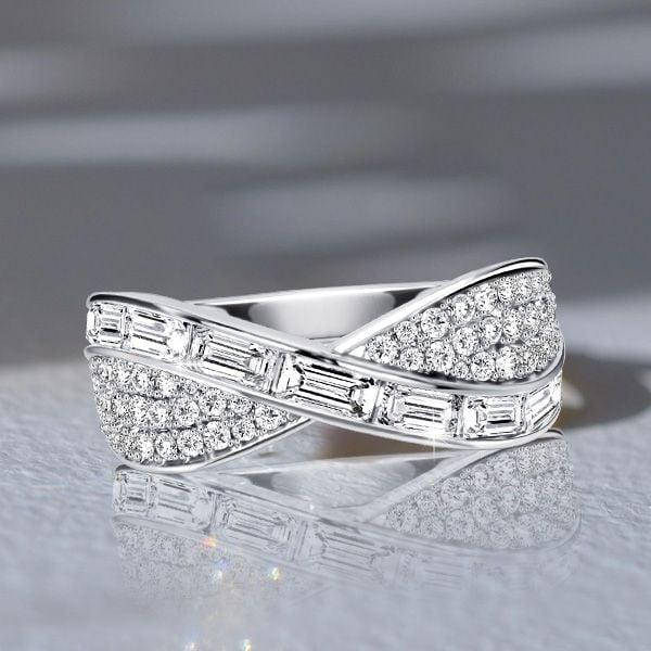 Channel Set Baguette and Round Cut Criss-Cross Diamond Wedding Band in Sterling Silver