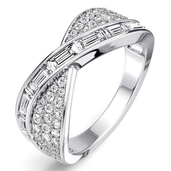 Channel Set Baguette and Round Cut Criss-Cross Diamond Wedding Band in Sterling Silver