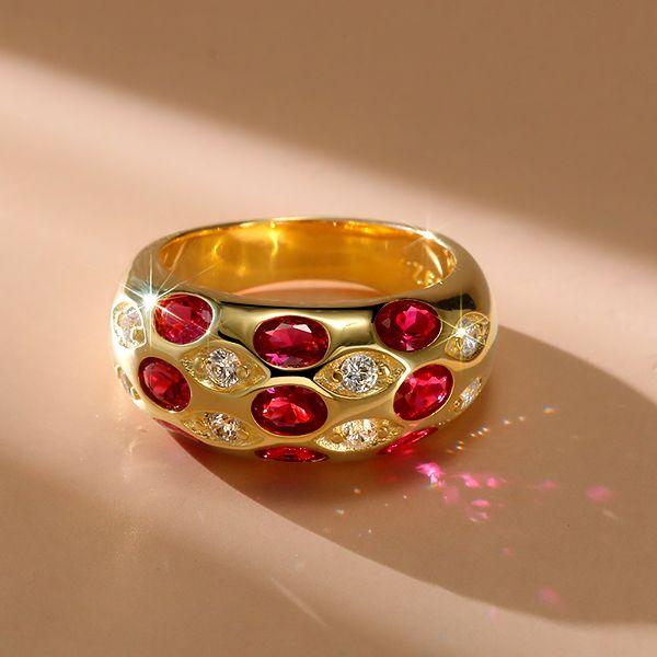 Oval Ruby Dome Ring - 18K Gold Plated Vintage Band Ring