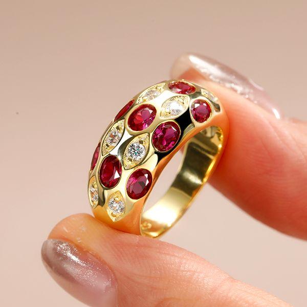 Oval Ruby Dome Ring - 18K Gold Plated Vintage Band Ring