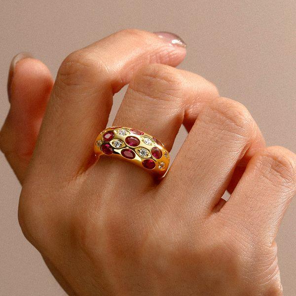 Oval Ruby Dome Ring - 18K Gold Plated Vintage Band Ring