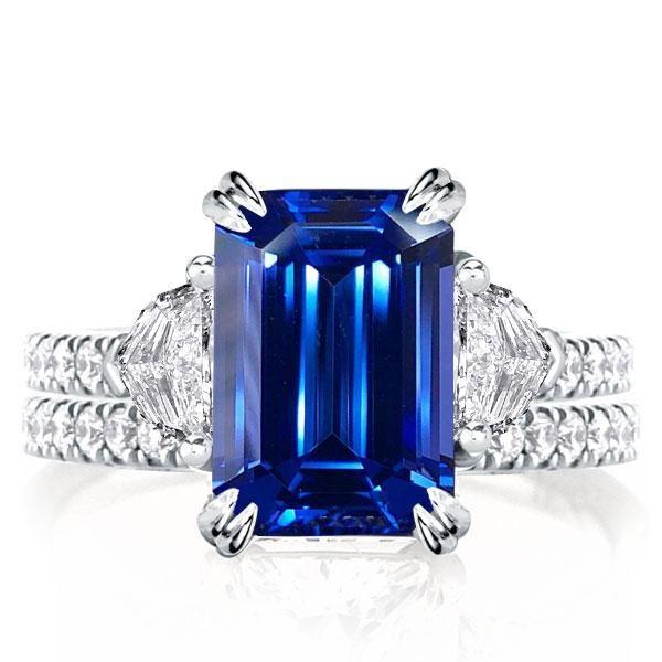 Emerald Three Stone Bridal Set - Sterling Silver Engagement Ring