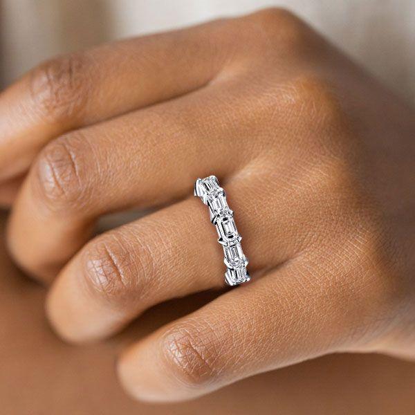 Emerald & Created White Sapphire Half Eternity Wedding Band - Sterling Silver
