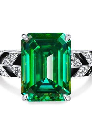 Emerald Green Sterling Silver Engagement Ring for Women - Unique Design