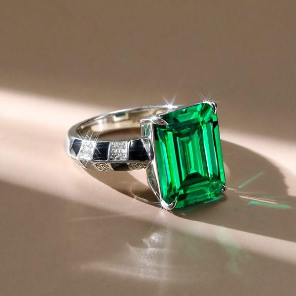 Emerald Green Sterling Silver Engagement Ring for Women - Unique Design
