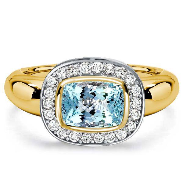 Aquamarine & Two-Tone Sterling Silver Halo Ring - Cushion Cut