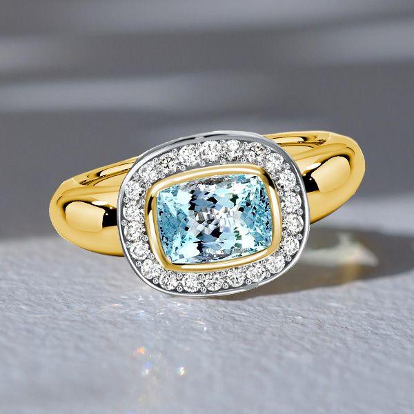Aquamarine & Two-Tone Sterling Silver Halo Ring - Cushion Cut