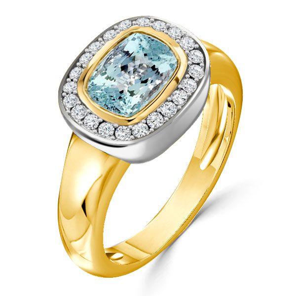 Aquamarine & Two-Tone Sterling Silver Halo Ring - Cushion Cut