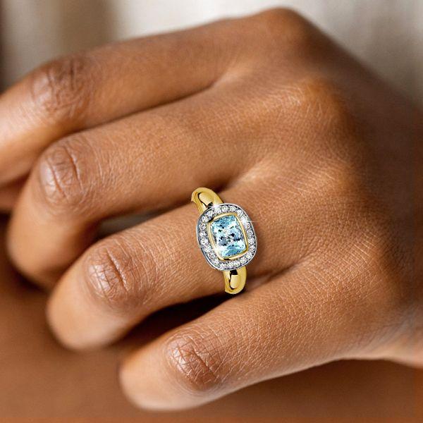 Aquamarine & Two-Tone Sterling Silver Halo Ring - Cushion Cut