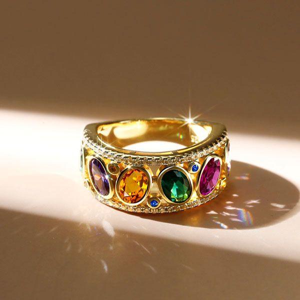 Oval Cut Multi Color Sapphire Wedding Band | 18K Gold Plated Sterling Silver Ring