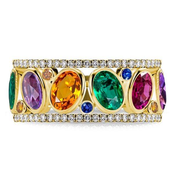 Oval Cut Multi Color Sapphire Wedding Band | 18K Gold Plated Sterling Silver Ring