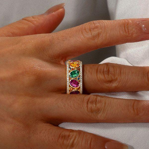 Oval Cut Multi Color Sapphire Wedding Band | 18K Gold Plated Sterling Silver Ring